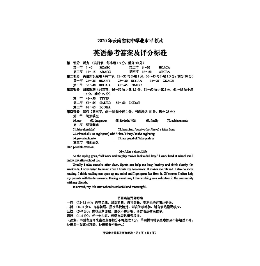2020年云南省中考英语试题(含答案)